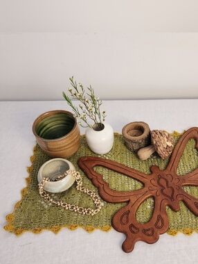Boho Vintage And Handmade Vignette w/ Crochet, Pottery, Necklace and Butterfly